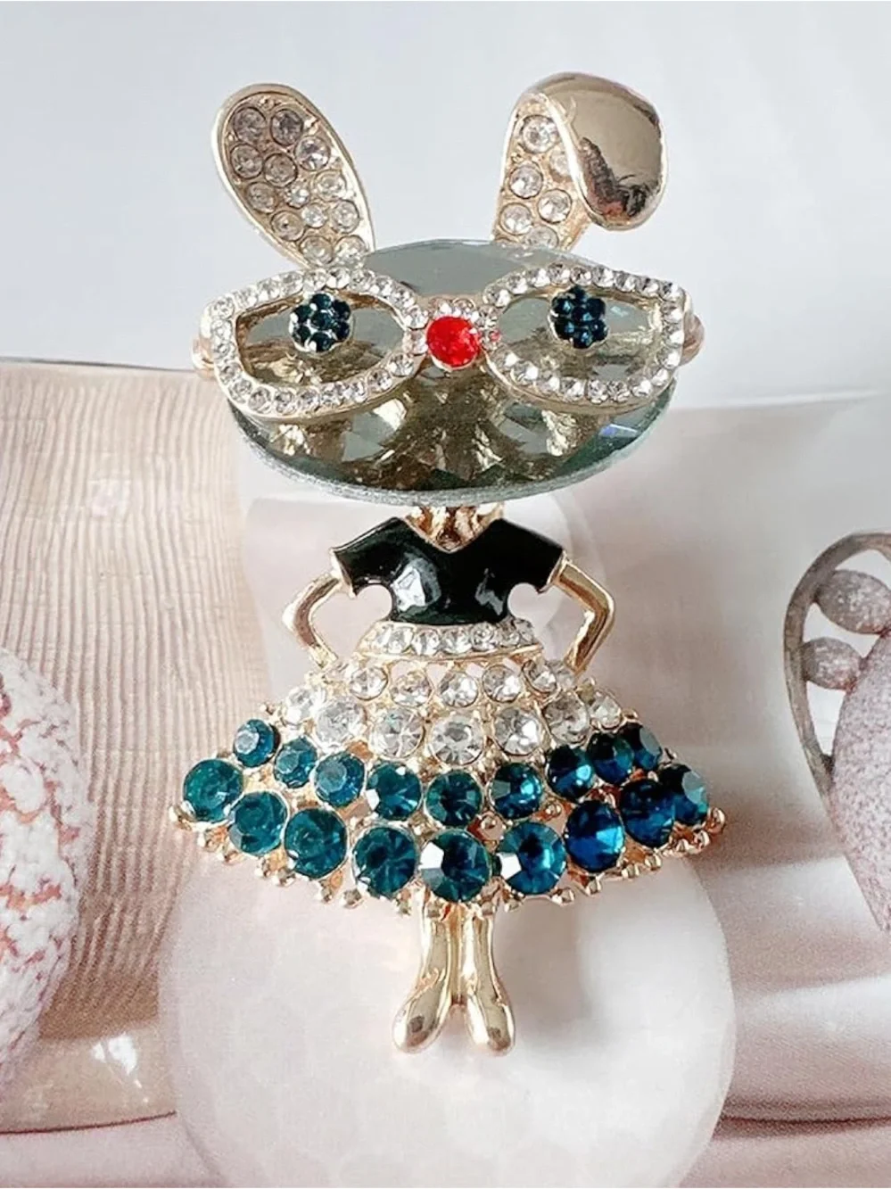 Gold Bunny Pin with Teal, Clear & Red Accents